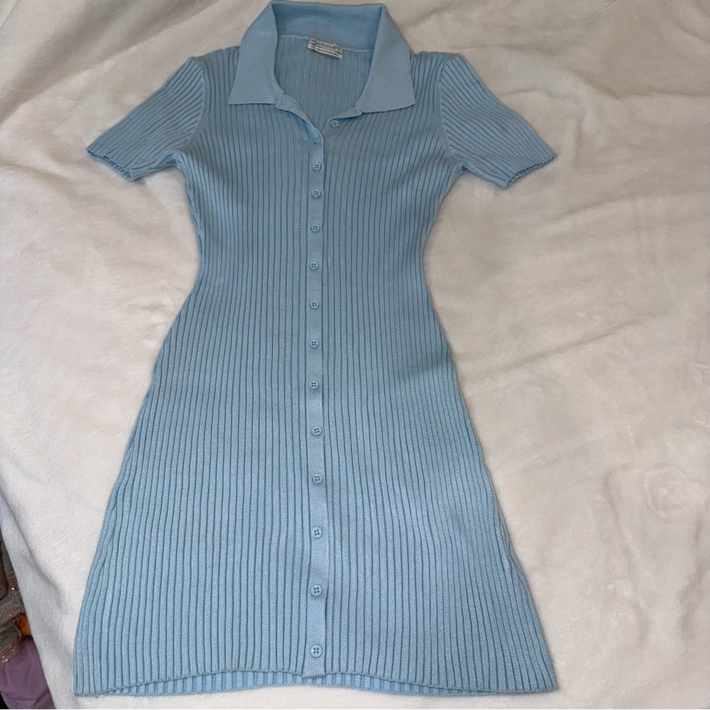 Light Blue Ribbed Button-Front Polo Dress